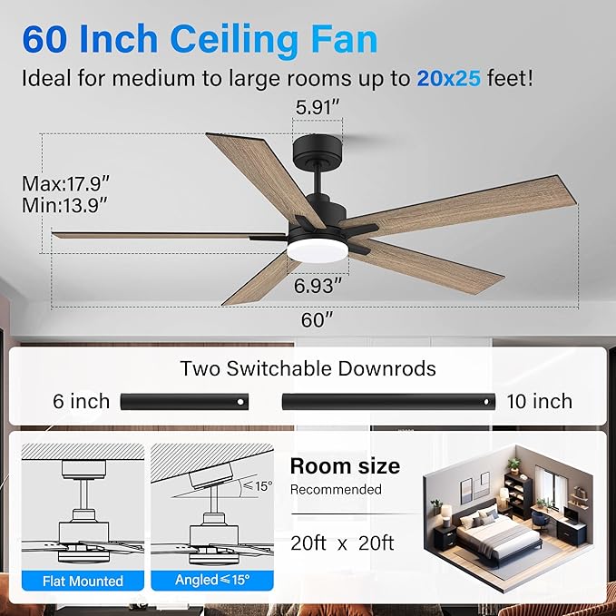 Lorpies 52” Smart Ceiling Fan with Lights Remote,Ultra Silent DC Motor,Control via Alexa Google Voice App Wifi,Outdoor Indoor Modern Ceiling Fans for Bedroom Patio Porch,Dimmable,Black Walnut Brown