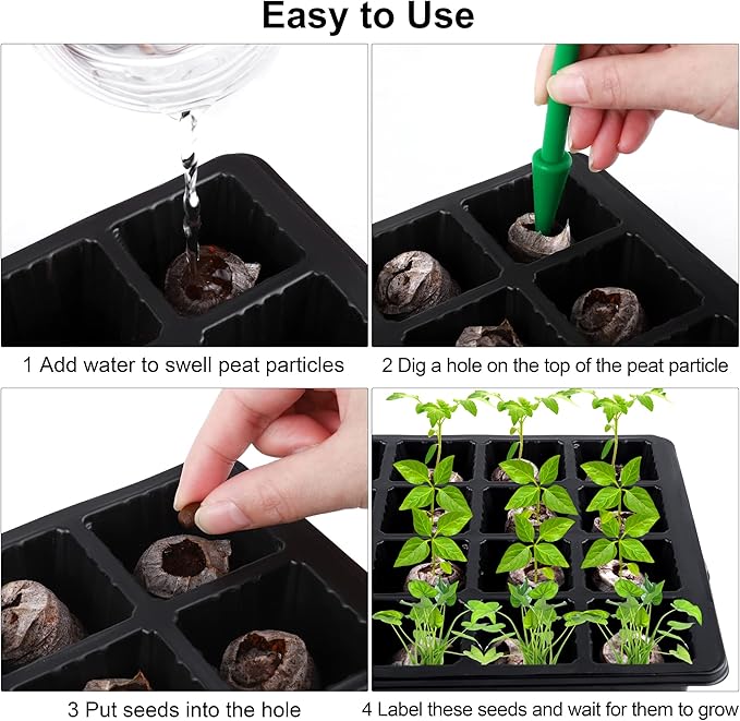 Hahood 4 Pack 24-Cells Seed Starter Tray Kit Germination Tray with Humidity Dome and Base, Plant Growing Kit Germination Starter Including Peat Pellets, Plant Labels, Tool for Indoor Outdoor, Black