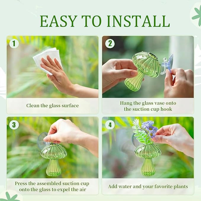 Window Propagation Stations, Propagation Vases, Colored Mushroom Glass Vases with Suction Cups, Nail-Free Easy-Install Wall-Mounted Planters, Plant Lover Gifts (4-Pack)