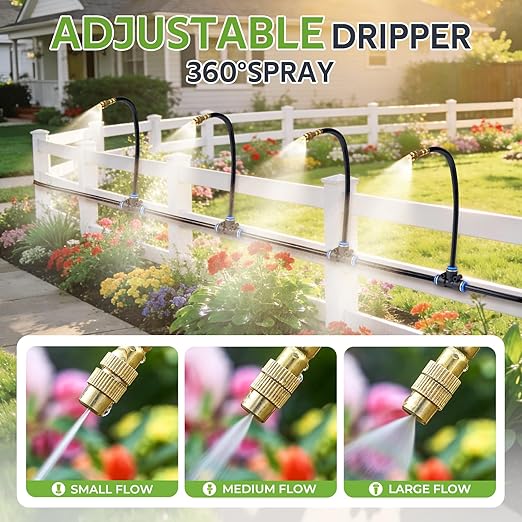 HIRALIY 360° Adjustable Drip Irrigation System 164FT with Timer, 1/4" Tubing and Adjustable Copper Nozzles, Automatic Atomizing Watering Kit for Garden, Yard, Lawn, Greenhouse & Potted Plants