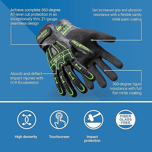 HexArmor Helix 3027IMP Liquid-Resistant Impact Gloves – ANSI A7 Cut Protection, IR-X® Impact Exoskeleton, 21-Gauge Dexterity, Full Nitrile Coating, Touchscreen Compatible, High-Grip Sandy Palm