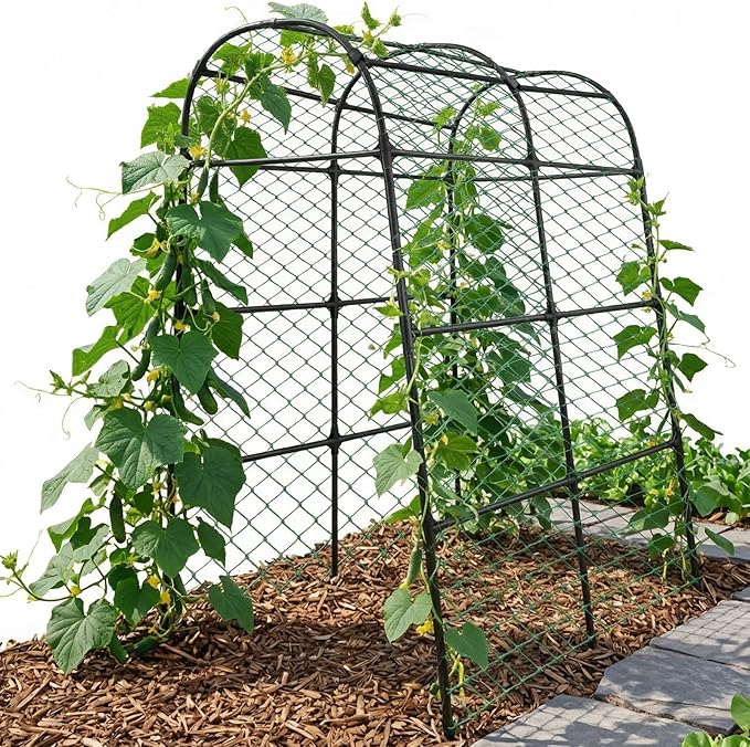 Large Garden Arch Trellis for Pumpkins, Extra Tall Heavy Duty Plant Trellis with Thick Plastic-Coated Steel Tubes, Easy-Connect Assembly, Includes Net, Ties & Gloves for Outdoor Vegetable Gardens