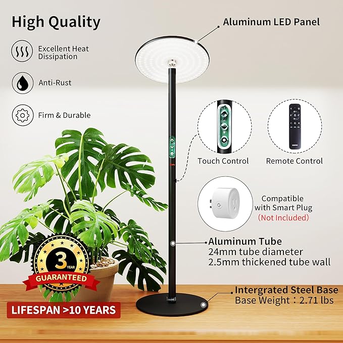 chiphy Desk Grow Lights for Indoor Plants, Full Spectrum LED Plant Light, 40W Aluminum Tabletop Grow Lamp, Automatic Timer 4H/8H/12H, 16''-30'' Height Adjustable, Remote for Large Small Plants