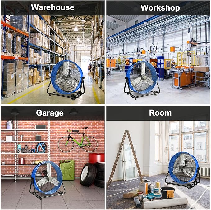 WARMLREC 24" Industrial Floor Fan, 8900 CFM High Velocity Drum Fan with 3 Speeds, Portable Heavy Duty Industrial Fan for Warehouse, Workshop, Factory, Commercial, Residential and Greenhouse Blue
