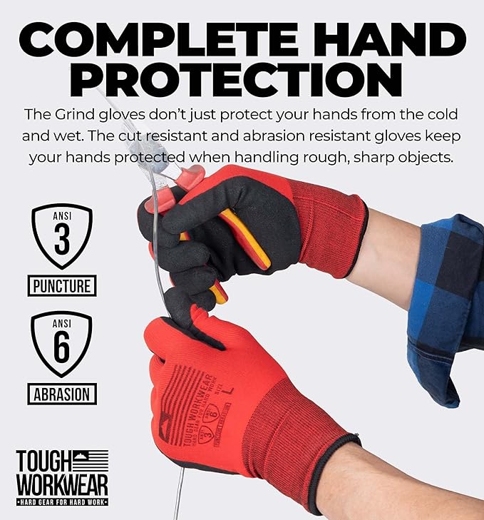Tough Workwear Winter Work Gloves - Men & Women - Cold Weather - Fleece Lined - Red