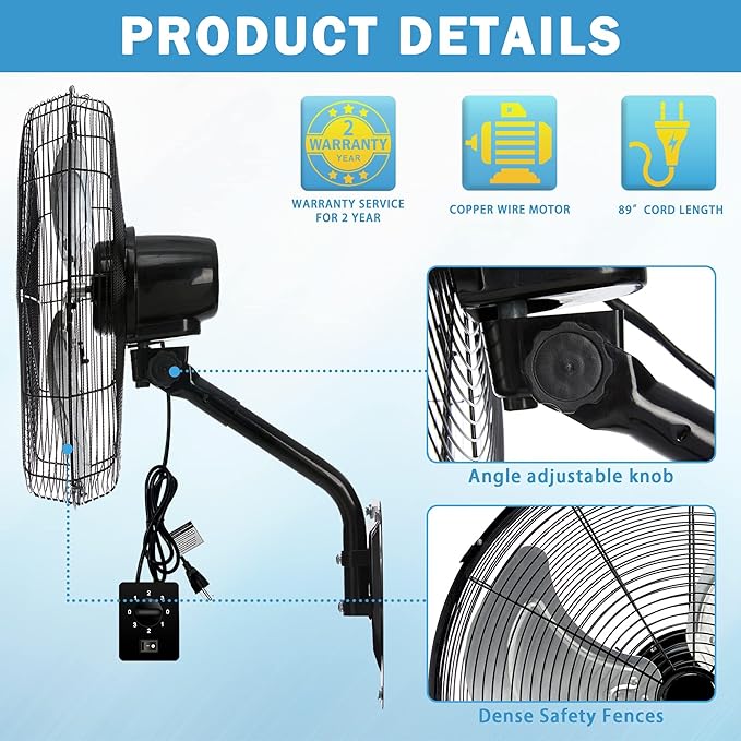 20" Wall Mount Fan, 7100CFM Heavy Duty Wall Fan with 3-Speed & Adjustable Tilt, High Velocity Industrial Oscillating Fans for Garage, Factory, Patio, Indoor, Porch, Shop & Commercial Use - ETL Listed