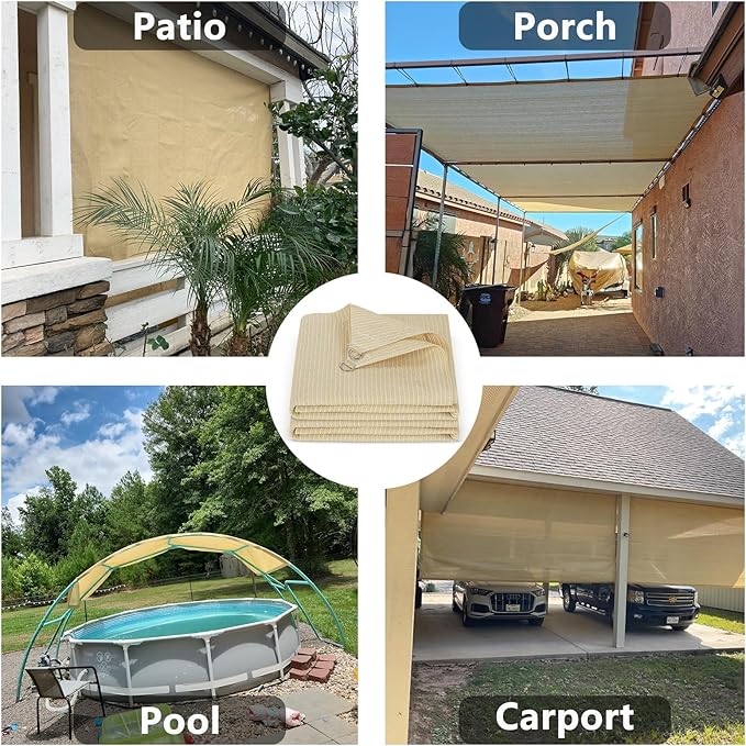 POYEE 90% 8x25ft Sun Shade Cloth with Reinforced Corner Webbing & D-Rings, Pergola Shade Cover – Breathable 200GSM HDPE Fabric for Patio, Garden, Deck & Backyard (Beige)