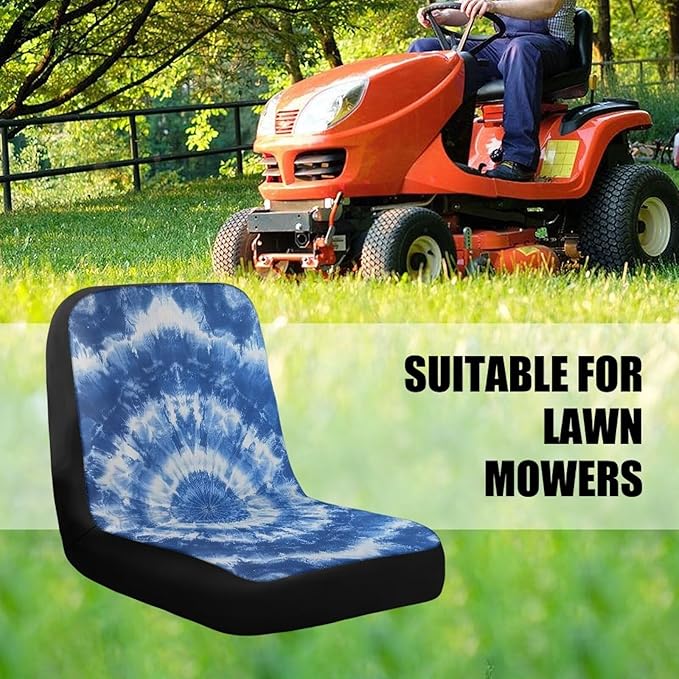 Blue Tie Dye Tractor Seat Cover, Heavy-Duty Waterproof Lawn Mower Seat Cover with Pockets, Universal Fit Riding Lawn Mower Cover for Farm Equipment