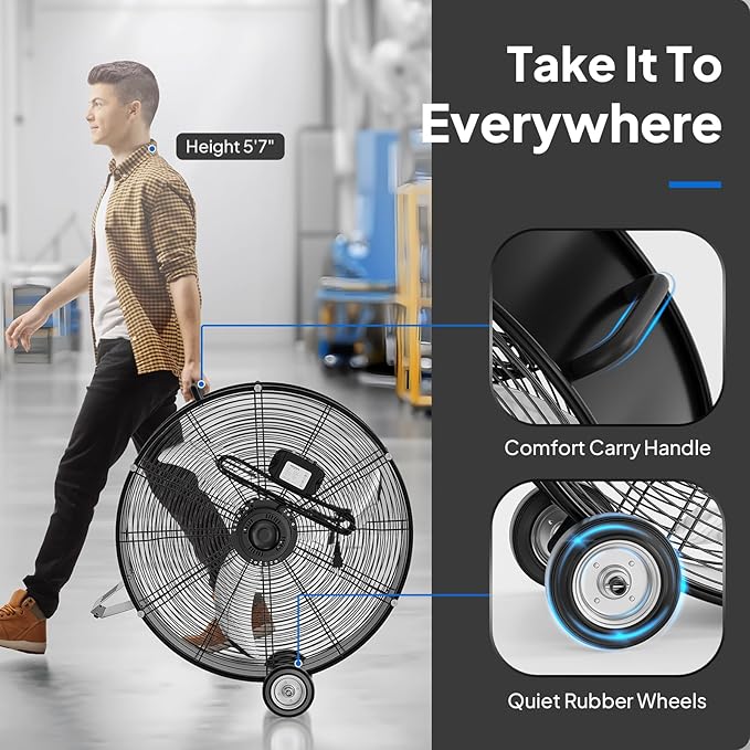 ROVSUN 24 Inch High Velocity Drum Fan, 9500CFM Industrial Metal Floor Fan with Handle, Heavy Duty, 3-Speed, Air Circulator for Shop, Garage, Gym, Barn, Commercial, UL Listed, Black