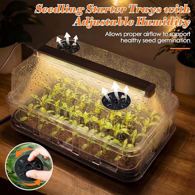 Saillong Seed Starter Tray with Grow Lights, Seedling Heating Tray with 15'' x 8.2'' Adjustable Height Humidity Domes, Plant Germination Propagation Kit for Planting Seeds, Mini Greenhouse Indoor