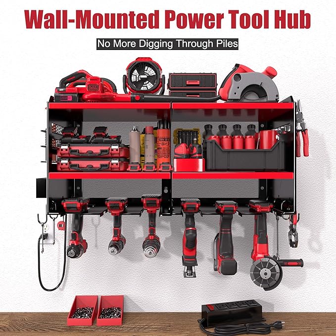Spampur Heavy Duty Power Tool Organizer Wall Mount with Charging Station – 420 lb Capacity 3-Tier Storage Rack Holds 6 Drills, Side Slots for Screwdrivers & Bits, Garage Storage, Gift for Men