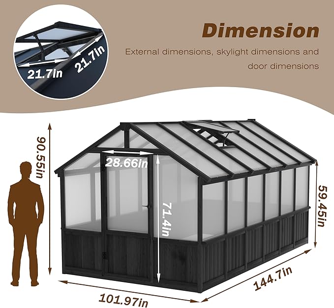 MUPATER 8' x 12' Outdoor Walk-in Greenhouse for Backyard, Wooden Polycarbonate Greenhouse with Lockable Door and Ventilated Window, Heavy Duty Green House with UV Protection & Heat Insulation, Black