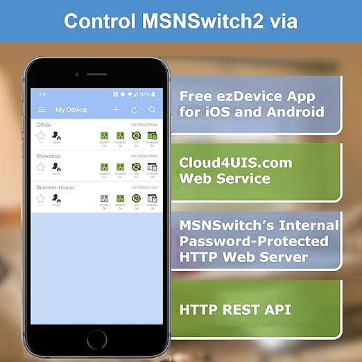 MSNSwitch2 Internet Enabled IP Remote Power Switch with Reboot - Control via Smartphone App, Cloud Service, Web Browser or API - 2 Independent AC Power Outlets (Model UIS-722b)