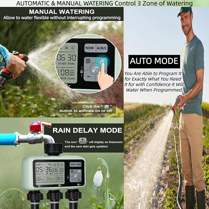 3 Outlet Sprinkler Timer Brass, Programmable Garden Hose Timer with Rain Delay, Manual& Automatic Watering System, Waterproof Digital Irrigation Controller Watering Evenly for 3 Separate Water Zones