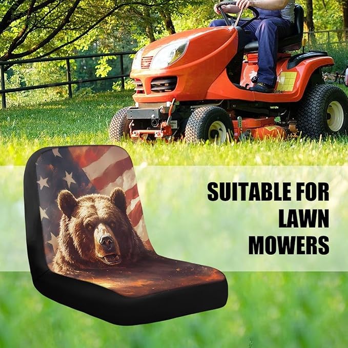 Bear and American Flag Tractor Seat Cover, Heavy-Duty Waterproof Lawn Mower Seat Cover with Pockets, Universal Fit Riding Lawn Mower Cover, Tractor Accessories