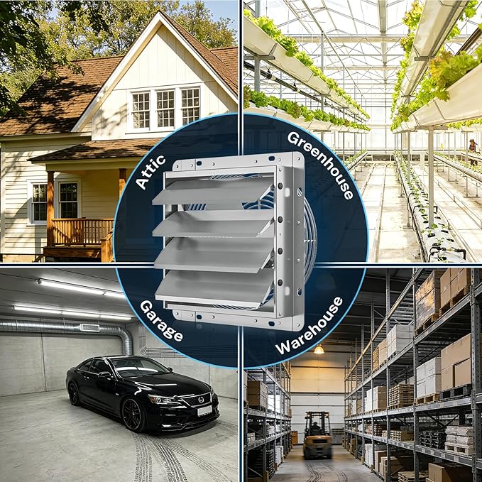 Hon&Guan 14 Inch Shutter Exhaust Fan with Stepless Speed Controller, 882 CFM High Airflow, 1600 RPM Wall Vent Fan, Automatic Gravity Shutters, Easy Install for Garage, Shed & Greenhouse, Gunmetal Gray