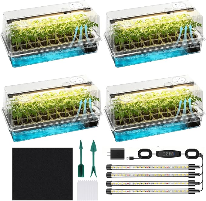 Seed Starter Tray Self Watering, Seed Starter Kit with Grow Light, Full Spectrum Grow Light for Seedling with Timer, Indoor Plant Grow Tray for Beginners & Seasoned Gardeners (144 Cells)