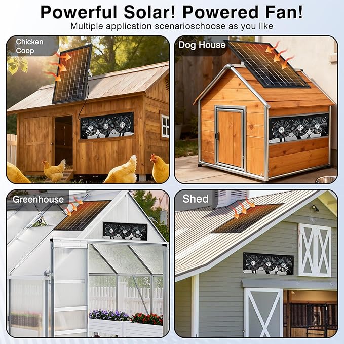 Solar Exhaust Fan,25W Solar Fan for Chicken Coop,Shed,Greenhouse & Attic Ventilation Cooling, Easy Installation,3500RPM,18FT Cord,IP67 Waterproof Solar Powered 3 Fan Kit