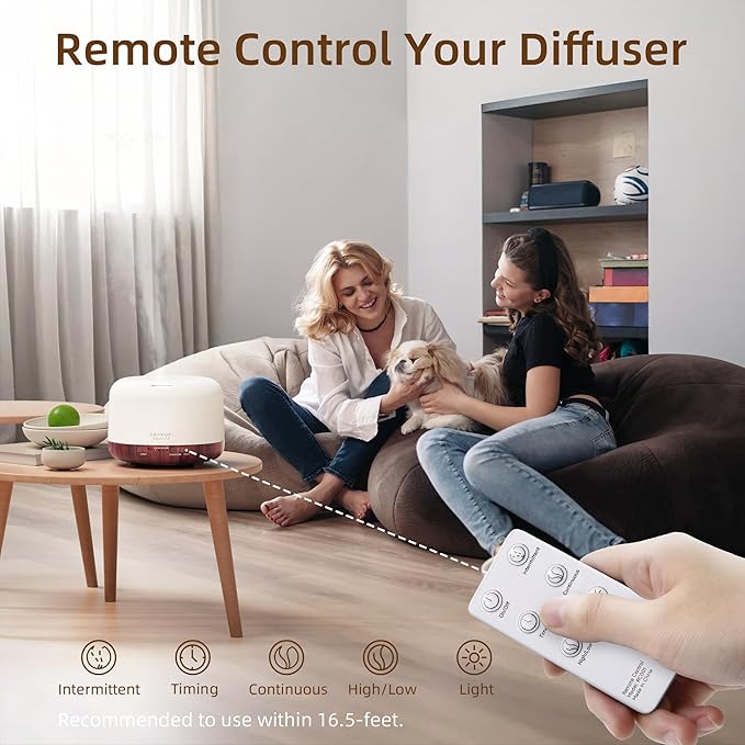 ASAKUKI Essential Oil Diffuser for Home, 500ML Aromatherapy Diffuser Humidifier with Remote Control, 7 Color LED Lights, Quiet Cool Mist Diffuser for Bedroom, Office, Gift for Mom (Reddish-Brown)