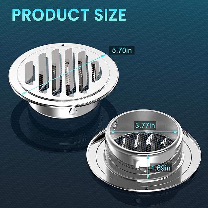 Stainless Steel Soffit Vents 4 Inch, HG Power Round Vent Cover with Screen Mesh, Louver Air Vent Hood for Wall, Ceiling Mount, Bathroom, Garage, Attic Ventilation, 2-Pack, Silver