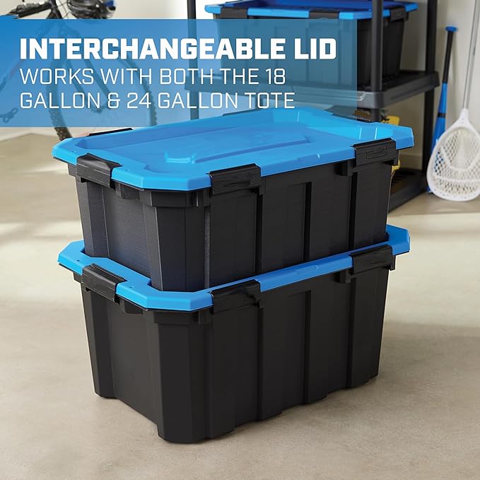 24 Gallon Waterproof Storage Bin with Latching Lid, Heavy Duty Plastic Tote for Garage, Basement, Attic, and Outdoor Storage – Dustproof, Stackable,Secure Locking Buckles,Black with Blue Lid, BPA-Free