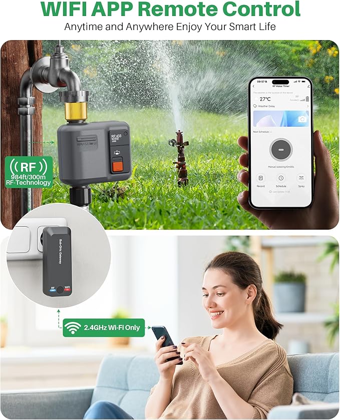 WiFi Sprinkler Timer 1 Zone with 984 Feet RF Gateway, 1 Outlet Dark Gray-Brass Inlet Smart Water Timer for Garden Hose with Rain Delay/Manual/Automatic,WiFi Water Timers for Garden