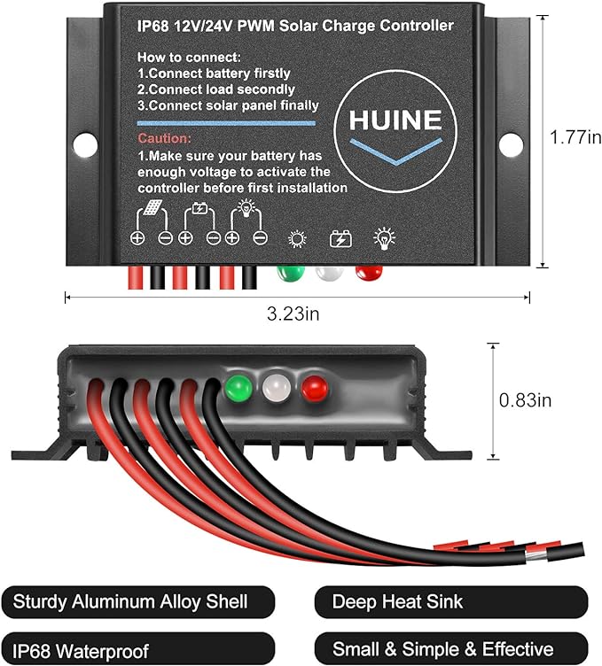 20A 12V 24V Auto IP68 Waterproof PWM Solar Charge Controller Solar Panel Battery Intelligent Regulator for Solar System Caravan Boat(24 Hours Working Mode)