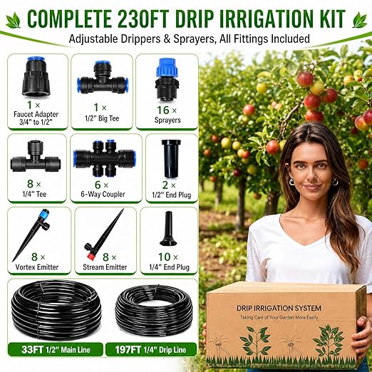 230FT Drip Irrigation System Kit, Quick Push-to-Connect Garden Watering System with 1/2'' & 1/4'' Tubing, Adjustable Drippers & Sprayers, Auto Irrigation System for Raised Bed, Lawn, Greenhouse