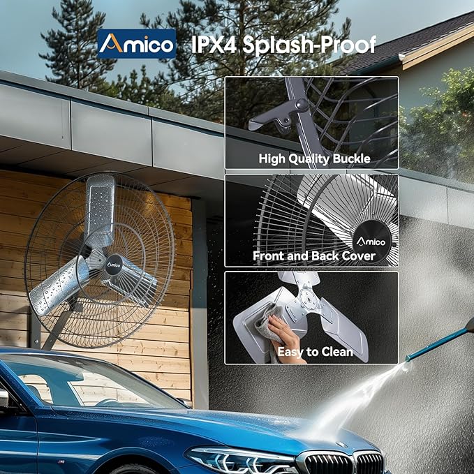 Amico 30 Inch Heavy Duty Wall Mounted Fan with Remote Control, DC Motor, 8 Speeds, High Velocity, Indoor/Outdoor Oscillating Industrial Shop Fan with Timer for Gym, Patio,Garage, Warehouse