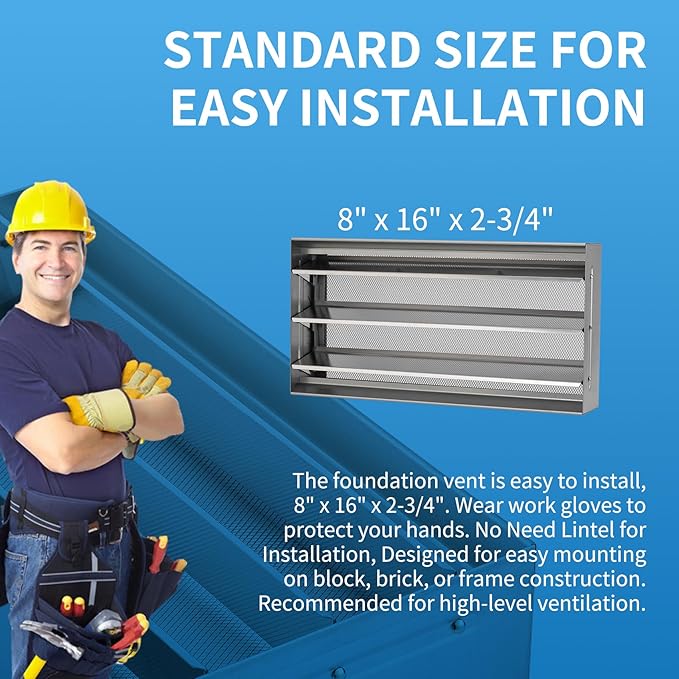 8" x 16" Manual Foundation Vent with Adjustable Louvers for Ventilating Crawl Space Replacement Air Vent for Block & Brick Construction, Aluminum, 73 sq. in. Net Free Vent Area, 4 Pack