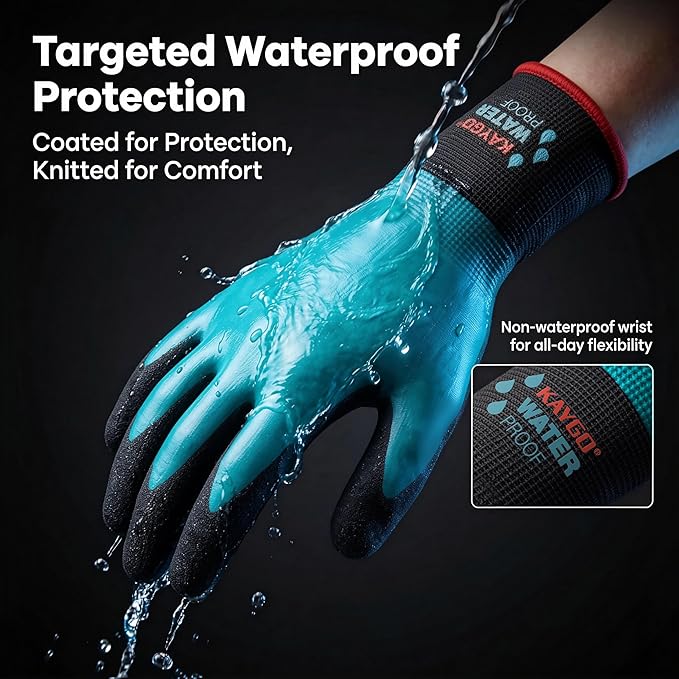 KAYGO Waterproof Work Gloves for Men and Women, 3 pairs Rubber Coated Non-slip Working Gloves for Garden, Outdoor Construction (Blue, L)