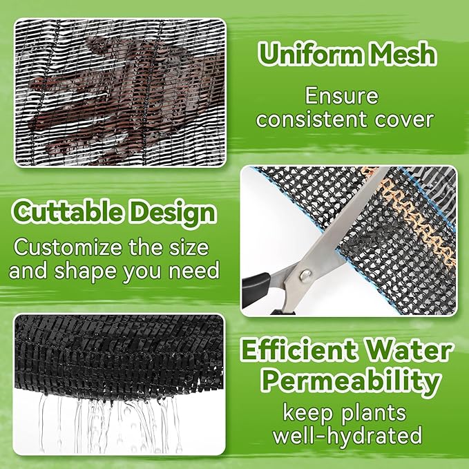 Bigmeta Cuttable Shade Cloth for Garden - 50% UV-Resistant Mesh Tarp with Rope, Black Sun Cover Net for Patio Greenhouse Raised Beds Plants (6.5x10FT)