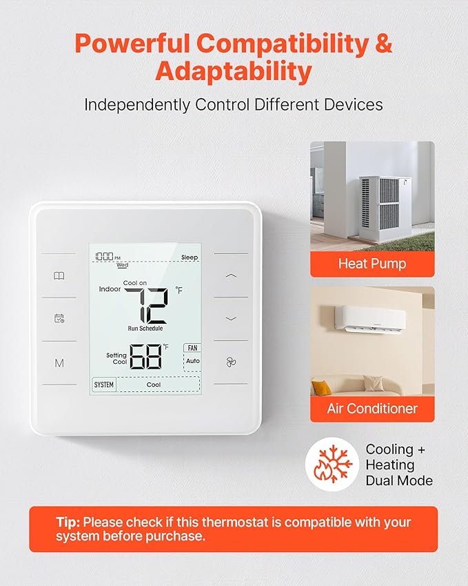 VEVOR 7-Day Programmable Thermostat White - 1Cool+1Heat for Heat Pump & Air Conditioner, LED Backlit Screen, Energy-Efficient, Wide Temperature Range