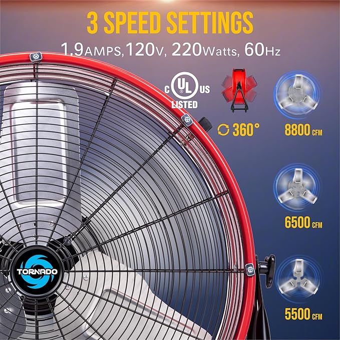 Tornado 24 Inch High Velocity Drum Fan, 8800 CFM Heavy Duty Industrial Floor Fan, 3-Speed Tilt Adjustable Metal Blades, Wide Airflow, 8 FT Cord, UL Listed for Commercial Use