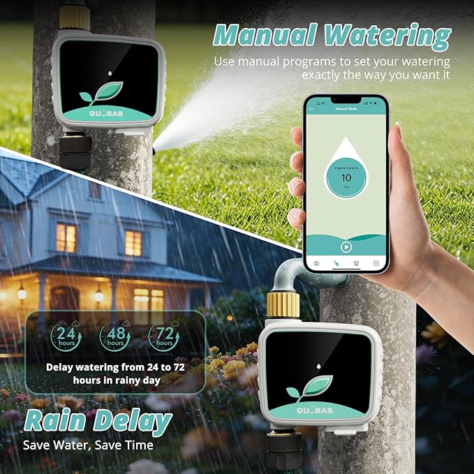 QUOBAS Smart WiFi Water Timer for Garden Hose, 1 Zone Brass Sprinkler Timer with App Control & Rain Delay/Auto/Manual 3 Modes for Drip Irrigation, Pool & Lawn, Battery Powered, 2.4GHz WiFi Only
