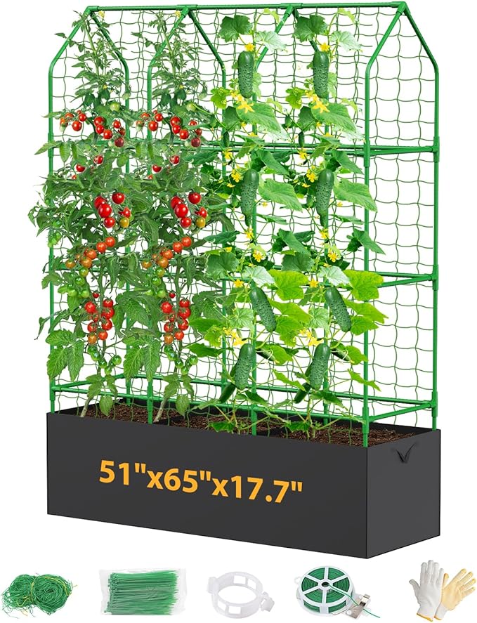 65" Cucumber Planter with Trellis for Climbing Plants Outdoor, Metal Garden Trellis for Raised Bed, Plant Support Structures with Netting for Cucumbers Tomatoes Beans Peas (50 * 17 * 65inch(L*W*H)