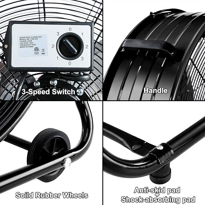 Bestronair 24 Inch High Velocity Drum Fan, 8100CFM Heavy Duty Industrial Floor Fan for Garage, 360° Tilt Metal Shop Fans with 3 Speeds for Warehouse, Factory, Commercial, Basement, Workshop, Gym