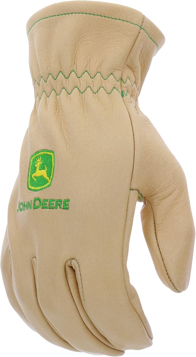 John Deere JD84013-L Men's Water Resistant Leather Gloves, Abrasion Resistant, Tan, Large