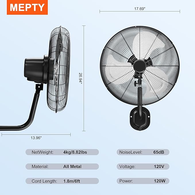 MEPTY 18" Wall Mount Fan, Heavy Duty Industrial Wall Fan, High Velocity Oscillating Fans with 3 Speeds for Patio, Shop, Greenhouse, Garage, Commercial, Household use