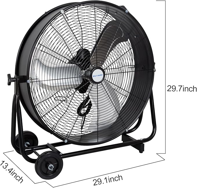 BILT HARD 24" 8100 CFM High Velocity Industrial Drum Fan, 3 Speed Heavy Duty Tilt Metal Shop Fan, Ideal for Garage, Warehouse Factory and Commercial Use, Black