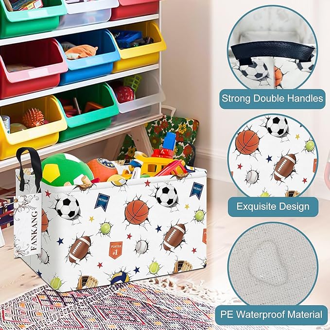 FANKANG Storage Bins,Nursery Hamper Canvas Laundry Basket Foldable with Waterproof PE Coating Storage Baskets for Boys and Girls, Office, Bedroom, Clothes,Toys(Rec-3D Sports Balls ）