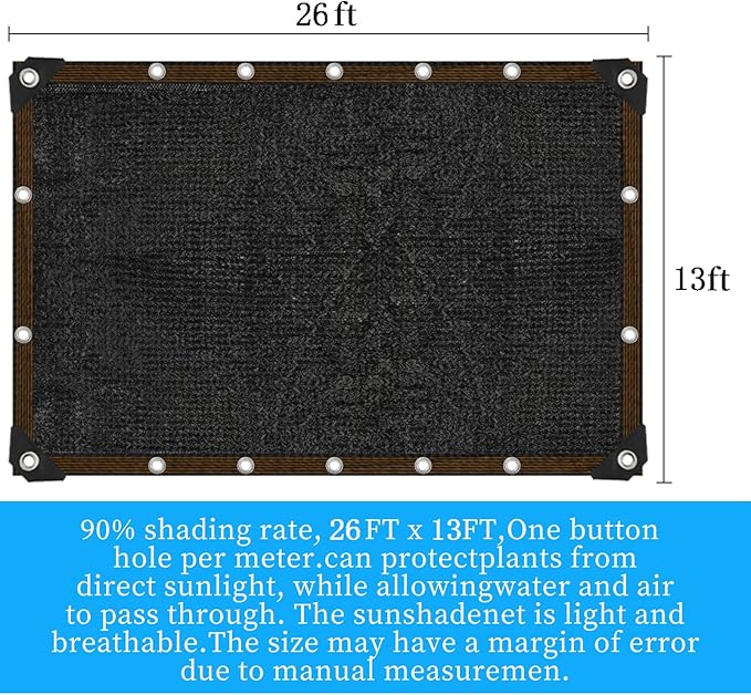 Shade Cloth for Garden 13x26FT,with Grommets,Shade Cloth 90%,Shade Tarps for Outdoors,Sombra para Patio,Carports, Farms, Orchards,Plants、Vegetable Gardens, Greenhouse insulation, Pastures, and Stables