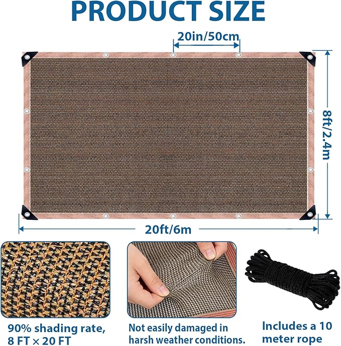 90% Sun Shade Cloth with Grommets, 8 x 20 FT Pergola Shade Cover Canopy, Mesh Tarp Sun Screens for Patio, Outdoor, Garden, Backyard, Mocha