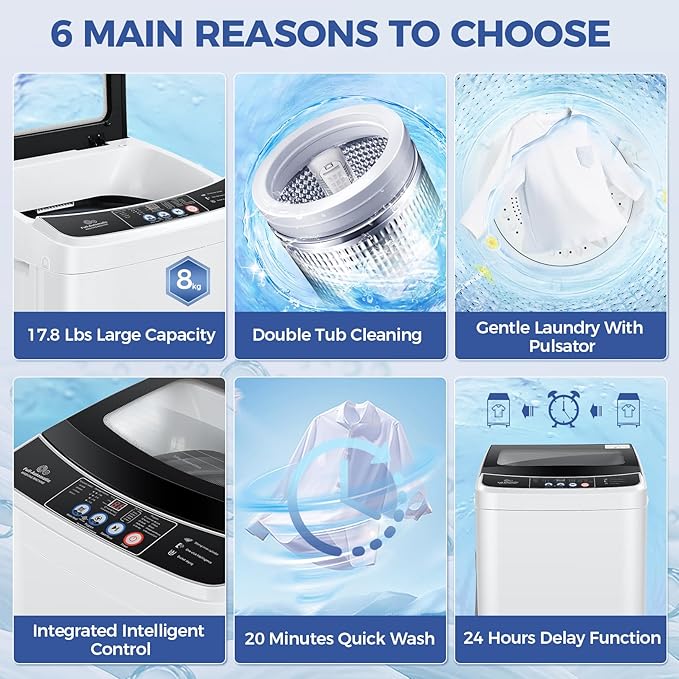 Nictemaw Portable Washing Machine, 17.8Lbs Capacity Full-Automatic Portable Washer, 2.4Cu.ft Washer and Dryer Combo with Drain Pump, 10 Programs 8 Water Levels Compact Laundry Machine for Apartment RV