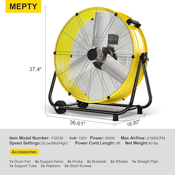 MEPTY 36-Inch Industrial Drum Fan, 21800 CFM High Velocity Floor Fan, 3-Speed Heavy Duty Metal Air Circulator for Shop, Warehouse, Workshop, Garage, Factory, 600W