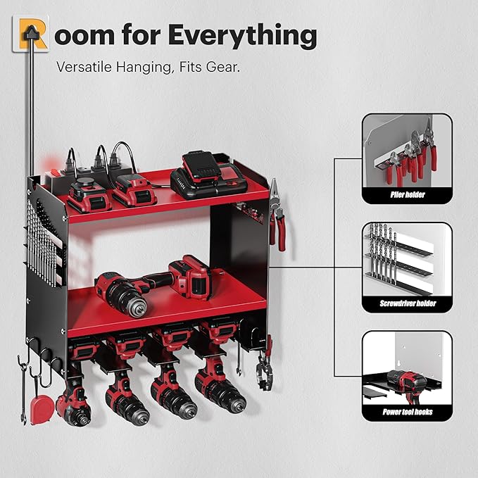 Spampur Power Tool Organizer Wall Mount with Charging Station, Tool Battery Holder with 4 Outlet Power Strip, 15 Min Assembly & Maximum 100lb Load by Heavy Duty Metal, 4 Slots for Cordless Drill