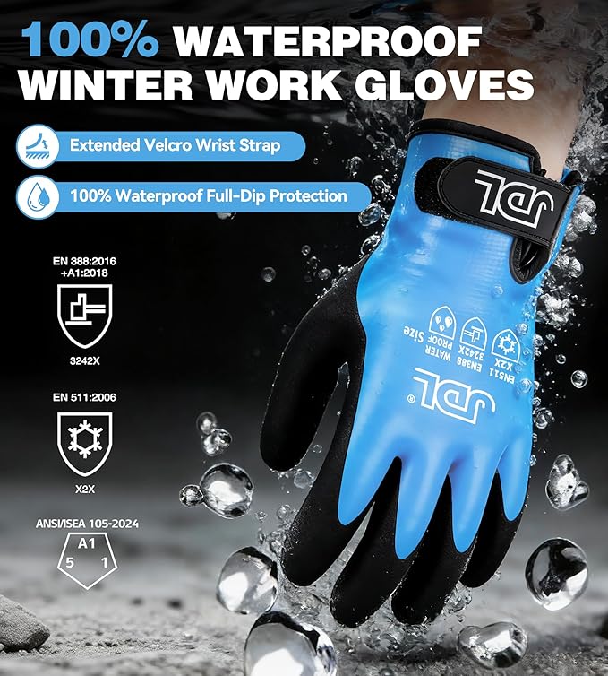 JDL 100% Waterproof Winter Work Gloves for Men & Women, Thermal Insulated Freezer Gloves for Cold Weather, Super Grip Palm