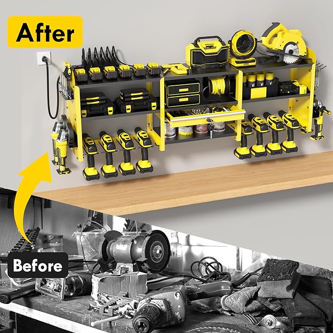 KSVO Large Power Tool Organizer Wall Mount with Locking Drawers, Grinder Holder, Hammer & Pliers Rack, & 6-Outlet Charging Shelf – Heavy Duty Metal Tool Storage for Garage & Workshop