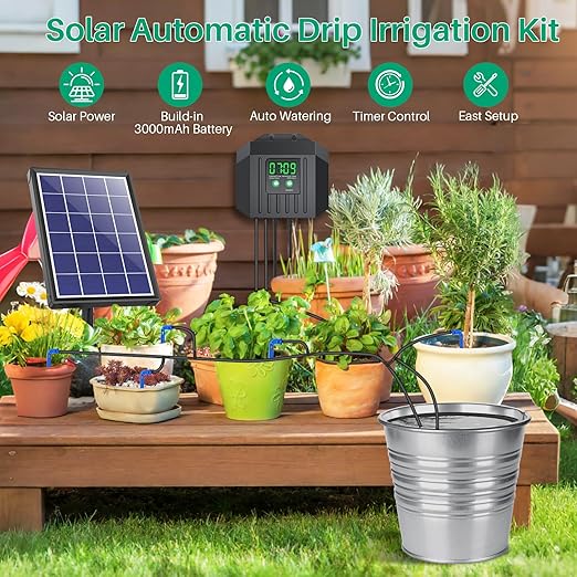 NFESOLAR 4W Solar Drip Irrigation Kit for Outdoor Indoor Plants, Customizable Watering Duration 1–30min & Interval 3h–7d, Solar Irrigation System for Garden Patio Balcony Vacation