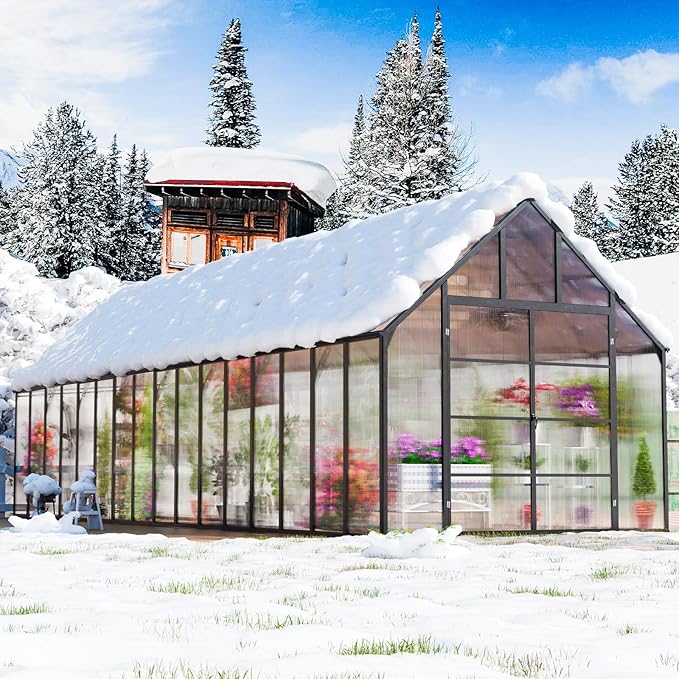 CDCASA 10x32 FT Greenhouse for Outdoors,Large Easy Assembly Thicker Aluminum Polycarbonate Greenhouses w/7 Windows, Double Doors, Walk-in Green House for Outside,Patio,Backyard,Garden
